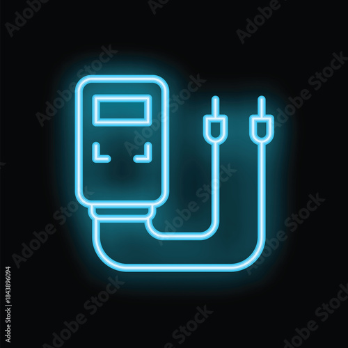 Glowing neon icon of a voltage tester with two electric probes and a display showing electricity parameters