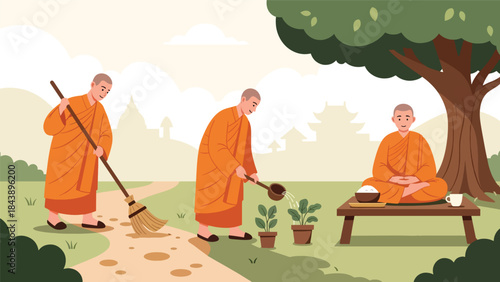 Modern flat vector illustration of Buddhist monks in daily life activities, simplicity and mindfulness theme, ideal for spiritual lifestyle and cultural education
