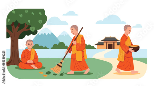 Modern flat vector illustration of Buddhist monks in daily life activities, simplicity and mindfulness theme, ideal for spiritual lifestyle and cultural education