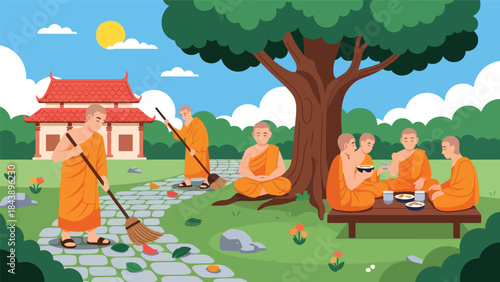 Modern flat vector illustration of Buddhist monks in daily life activities, simplicity and mindfulness theme, ideal for spiritual lifestyle and cultural education