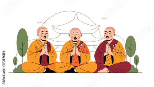 Modern flat vector illustration of Buddhist monks chanting together, rhythmic and peaceful spiritual atmosphere, ideal for religious rituals and meditation visuals