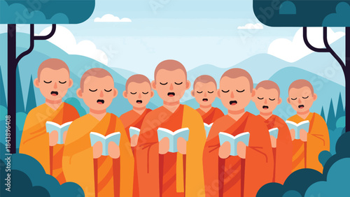 Modern flat vector illustration of Buddhist monks chanting together, rhythmic and peaceful spiritual atmosphere, ideal for religious rituals and meditation visuals