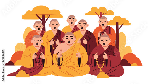 Modern flat vector illustration of Buddhist monks chanting together, rhythmic and peaceful spiritual atmosphere, ideal for religious rituals and meditation visuals