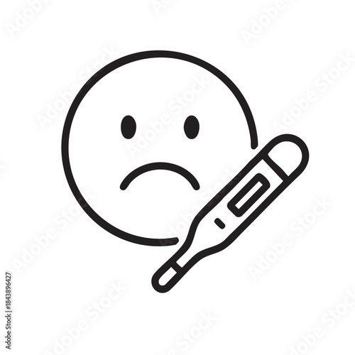 A simple black and white line drawing depicting a sad face with a thermometer suggesting illness or feeling unwell