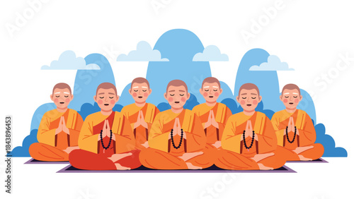 Modern flat vector illustration of Buddhist monks chanting together, rhythmic and peaceful spiritual atmosphere, ideal for religious rituals and meditation visuals