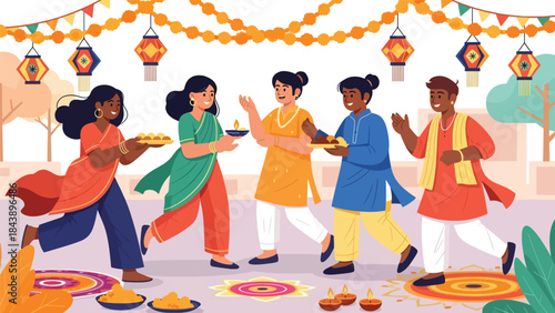 Flat vector illustration of people celebrating a Hindu festival with decorations and joy, ideal for cultural events, religious celebrations, and festive visuals