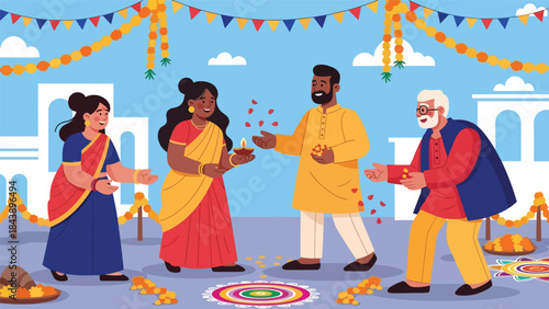 Flat vector illustration of people celebrating a Hindu festival with decorations and joy, ideal for cultural events, religious celebrations, and festive visuals