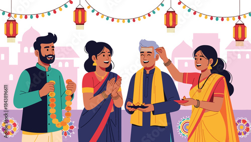 Flat vector illustration of people celebrating a Hindu festival with decorations and joy, ideal for cultural events, religious celebrations, and festive visuals