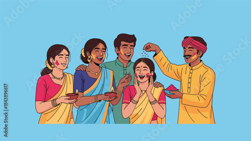 Flat vector illustration of people celebrating a Hindu festival with decorations and joy, ideal for cultural events, religious celebrations, and festive visuals
