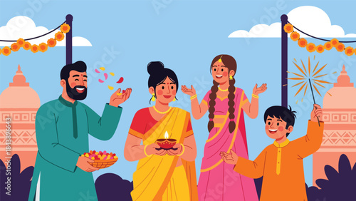 Flat vector illustration of people celebrating a Hindu festival with decorations and joy, ideal for cultural events, religious celebrations, and festive visuals