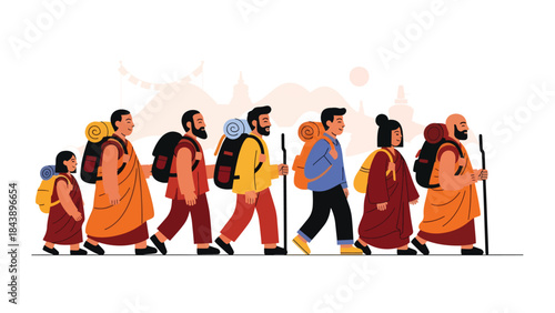 Modern flat vector illustration of people on a Buddhist pilgrimage journey, spiritual travel and devotion theme, ideal for faith, culture, and religious tourism visuals