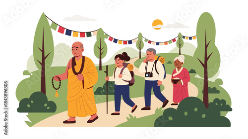 Modern flat vector illustration of people on a Buddhist pilgrimage journey, spiritual travel and devotion theme, ideal for faith, culture, and religious tourism visuals