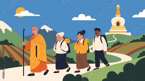 Modern flat vector illustration of people on a Buddhist pilgrimage journey, spiritual travel and devotion theme, ideal for faith, culture, and religious tourism visuals