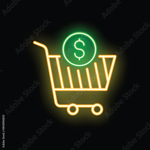 Neon shopping cart icon with dollar coin glowing on black background representing online shopping and ecommerce