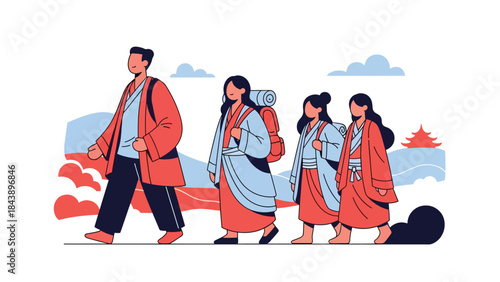 Modern flat vector illustration of people on a Buddhist pilgrimage journey, spiritual travel and devotion theme, ideal for faith, culture, and religious tourism visuals