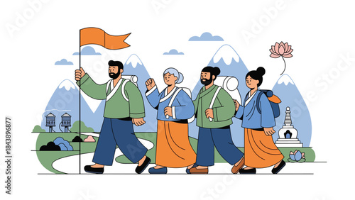 Modern flat vector illustration of people on a Buddhist pilgrimage journey, spiritual travel and devotion theme, ideal for faith, culture, and religious tourism visuals
