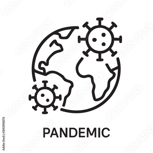 A global pandemic illustration depicting a world map alongside virus cells symbolizing widespread health crisis