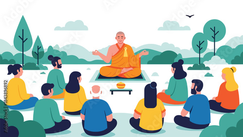 Modern flat vector illustration of a Buddhist teaching session with followers, mindfulness learning theme, ideal for spiritual education and religious study visuals