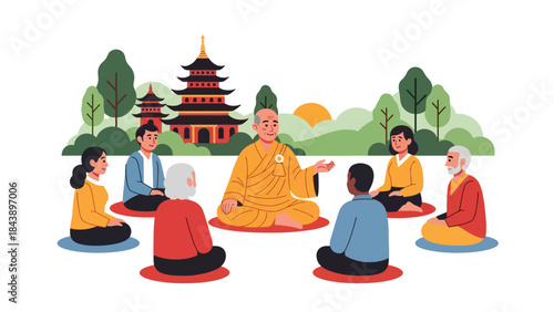 Modern flat vector illustration of a Buddhist teaching session with followers, mindfulness learning theme, ideal for spiritual education and religious study visuals