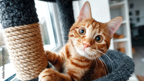 Playful orange cat, a domestic pet, sitting in a cozy cat tree with a scratching post, watching camera