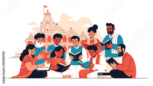 Flat vector illustration of people reading Hindu scriptures together, religious study and devotion theme, ideal for spiritual education and faith-based content