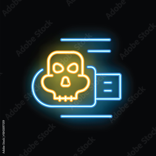 Neon illustration featuring a usb flash drive with a skull and crossbones symbol, representing the concept of malware and virus infection