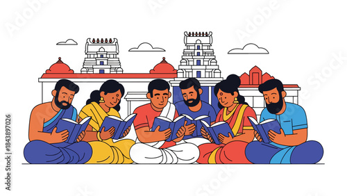 Flat vector illustration of people reading Hindu scriptures together, religious study and devotion theme, ideal for spiritual education and faith-based content