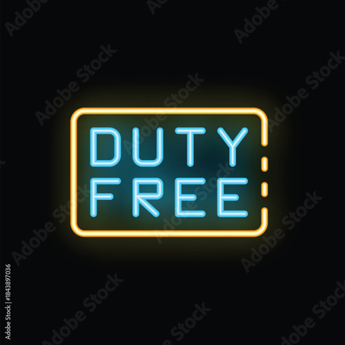 Neon sign with the words duty free glowing on a black background