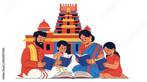 Flat vector illustration of people reading Hindu scriptures together, religious study and devotion theme, ideal for spiritual education and faith-based content