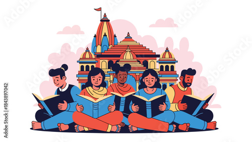 Flat vector illustration of people reading Hindu scriptures together, religious study and devotion theme, ideal for spiritual education and faith-based content