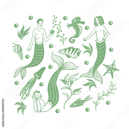 Mermaid man fantasy ocean illustration with sea creatures plants decorative vector isolated design set