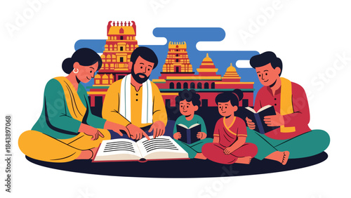 Flat vector illustration of people reading Hindu scriptures together, religious study and devotion theme, ideal for spiritual education and faith-based content