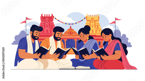 Flat vector illustration of people reading Hindu scriptures together, religious study and devotion theme, ideal for spiritual education and faith-based content
