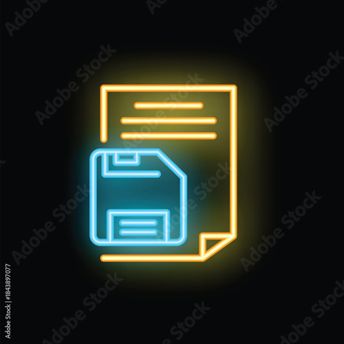 Neon icon showing a floppy disk saving a text document