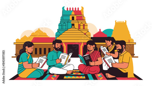 Flat vector illustration of people reading Hindu scriptures together, religious study and devotion theme, ideal for spiritual education and faith-based content