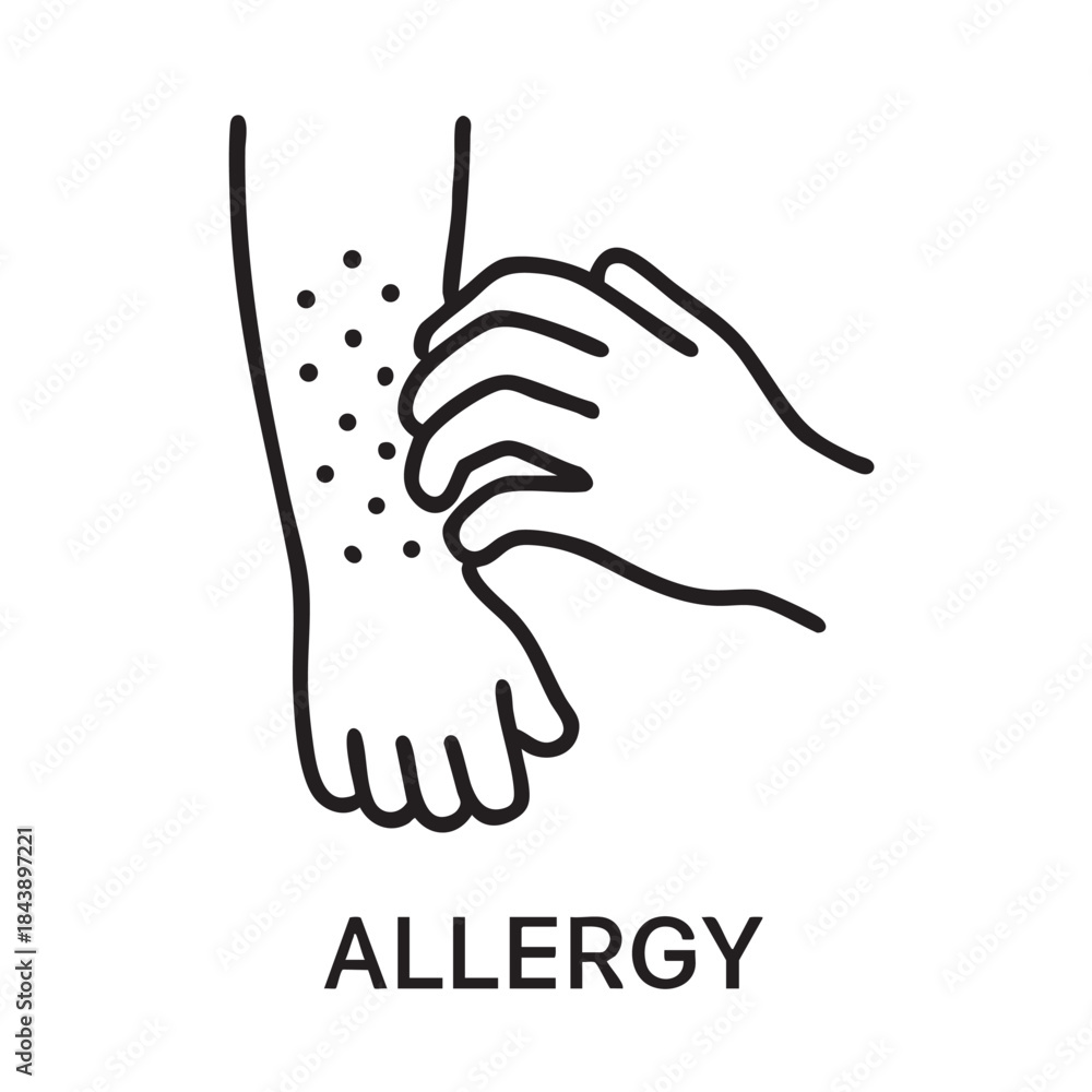 Obraz premium A simple line drawing depicts a hand scratching an arm covered in spots illustrating an allergy symptom