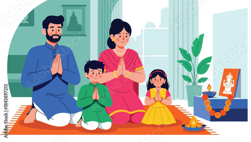 Flat vector illustration of a Hindu family praying together at home, devotion and togetherness theme, ideal for family faith and religious lifestyle content