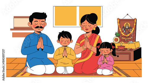 Flat vector illustration of a Hindu family praying together at home, devotion and togetherness theme, ideal for family faith and religious lifestyle content