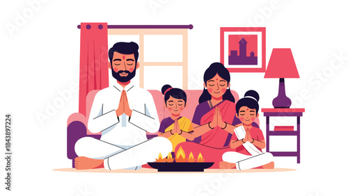 Flat vector illustration of a Hindu family praying together at home, devotion and togetherness theme, ideal for family faith and religious lifestyle content