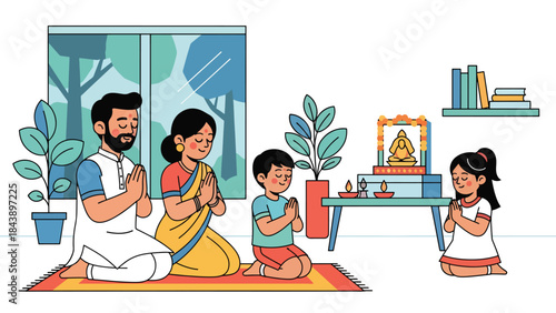 Flat vector illustration of a Hindu family praying together at home, devotion and togetherness theme, ideal for family faith and religious lifestyle content