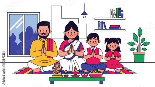 Flat vector illustration of a Hindu family praying together at home, devotion and togetherness theme, ideal for family faith and religious lifestyle content