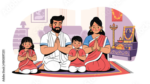 Flat vector illustration of a Hindu family praying together at home, devotion and togetherness theme, ideal for family faith and religious lifestyle content