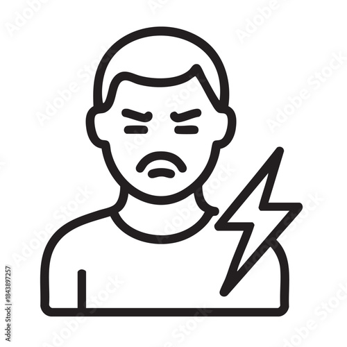 A simple black and white line drawing depicting a man experiencing head pain and discomfort with a lightning bolt symbol