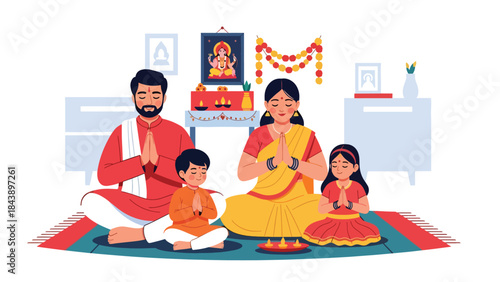 Flat vector illustration of a Hindu family praying together at home, devotion and togetherness theme, ideal for family faith and religious lifestyle content