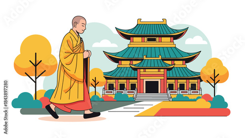 Modern flat vector illustration of a Buddhist monk practicing walking meditation, mindfulness in motion theme, ideal for spiritual wellness and meditation visuals