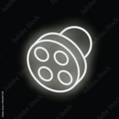 Neon icon of a surgical lamp glowing white against a black background, representing medical equipment and healthcare