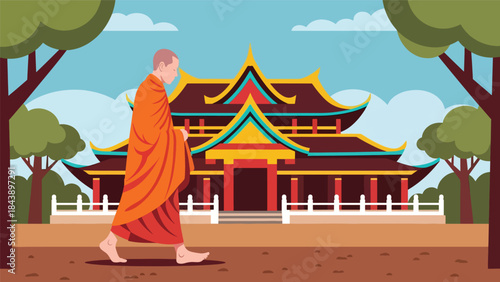 Modern flat vector illustration of a Buddhist monk practicing walking meditation, mindfulness in motion theme, ideal for spiritual wellness and meditation visuals