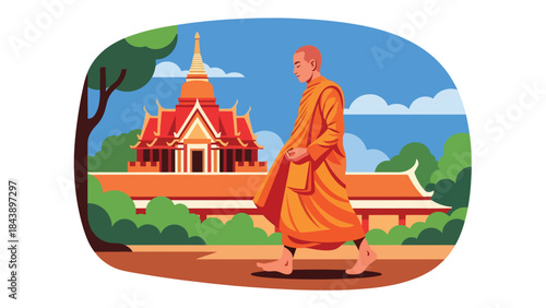 Modern flat vector illustration of a Buddhist monk practicing walking meditation, mindfulness in motion theme, ideal for spiritual wellness and meditation visuals