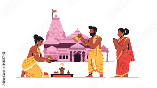 Flat vector illustration of people participating in a Hindu spiritual ceremony, sacred rituals and tradition theme, ideal for cultural and religious visuals