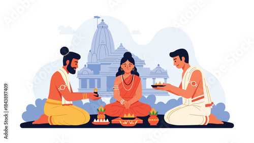 Flat vector illustration of people participating in a Hindu spiritual ceremony, sacred rituals and tradition theme, ideal for cultural and religious visuals